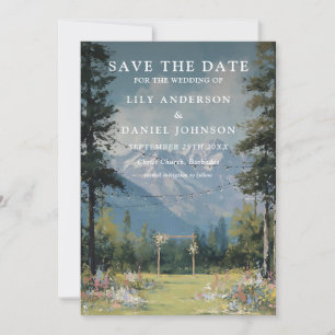 Watercolor Mountain Floral String Lights Wedding Save The Date