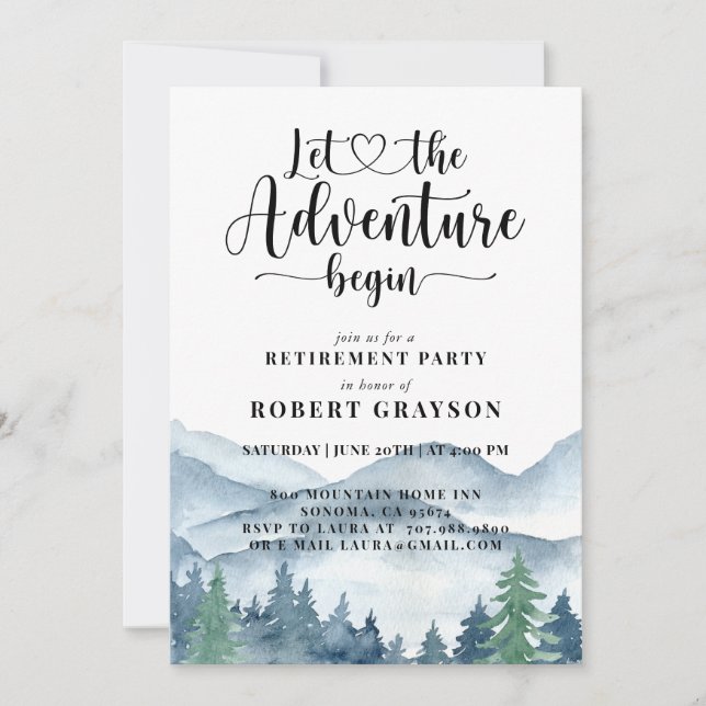 Watercolor Mountain Forest Retirement Party Invitation (Front)