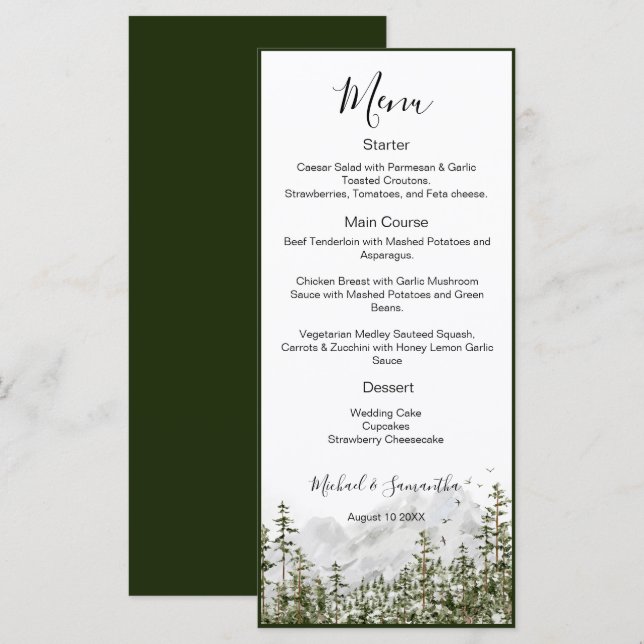 Watercolor Mountain Forest Rustic Wedding Menu (Front/Back)