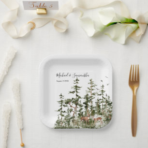 Watercolor Mountain Forest Rustic Wedding Paper Plate