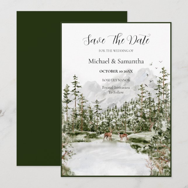 Watercolor Mountain Forest Rustic Wedding Save The Date (Front/Back)