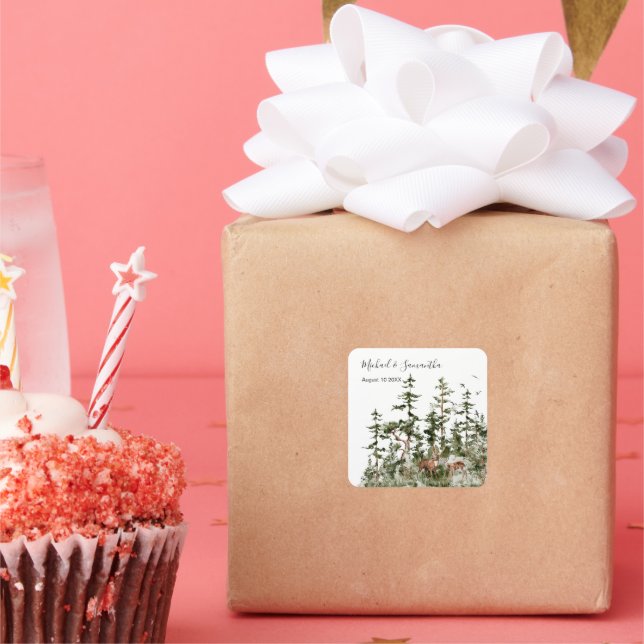 Watercolor Mountain Forest Rustic Wedding Square Sticker (Party)