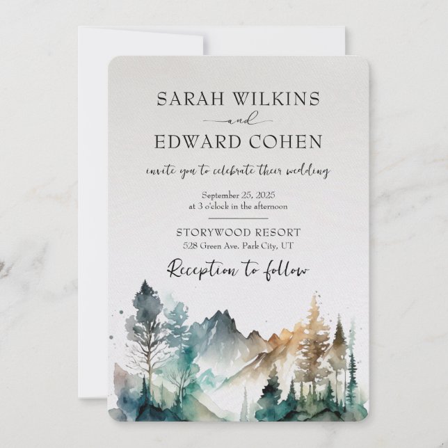 Watercolor Mountain Forest Wedding Invitation (Front)