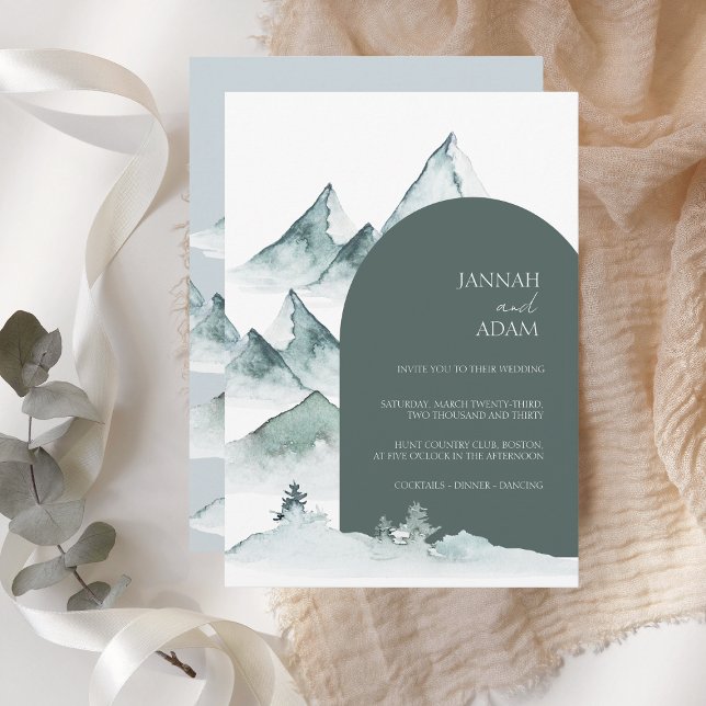 Watercolor Mountain Green Winter Wedding Invitation (Creator Uploaded)