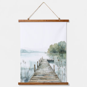 Watercolor Mountain Lake Hanging Tapestry