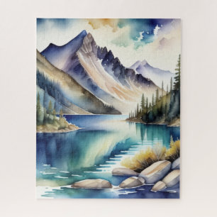 Watercolor Mountain Lake Scene 4:5 Poster Jigsaw Puzzle