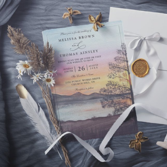 Watercolor Mountain Lake View QR Code Wedding Invitation (Creator Uploaded)