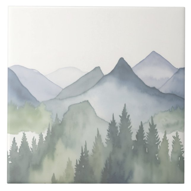 Watercolor Mountain Landscape Green Pine Trees Ceramic Tile (Front)