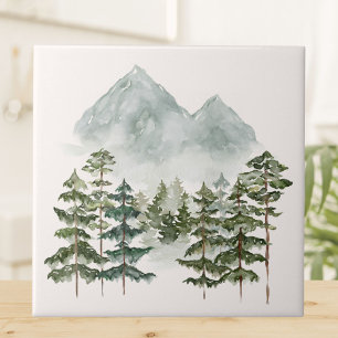 Watercolor Mountain Landscape View Ceramic Tile