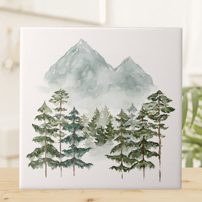 Watercolor Mountain Landscape View Ceramic Tile (Close up)