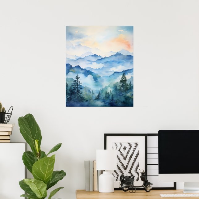 Watercolor mountain landscape wall art decor  (Home Office)