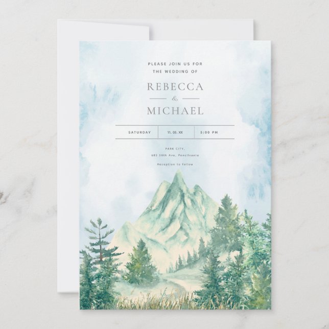 Watercolor Mountain Landscape Wedding Invitation (Front)
