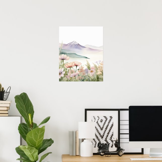Watercolor Mountain Landscape Wildflower Pos Poster (Home Office)