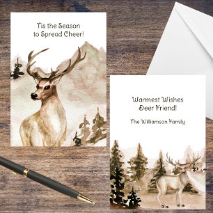 Watercolor Mountain Landscape with Deer Holiday Card
