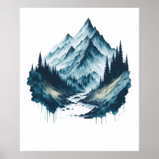 Watercolor Mountain Landscape with River Poster