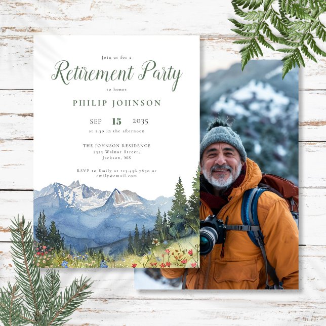 Watercolor Mountain Photo Retirement Party Invitation (Watercolor Mountain Photo Retirement Party Invitation)