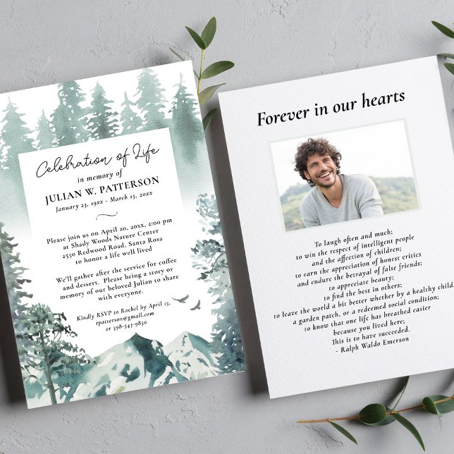 Watercolor Mountain Pine Celebration of Life Photo Invitation (Creator Uploaded)