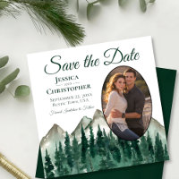 Watercolor Mountain Pine Forest Oval Photo Wedding