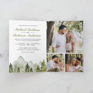 Watercolor Mountain Pine Forest QR Code Wedding Invitation