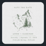 Watercolor Mountain Pine Forest Save The Date Card Square Sticker<br><div class="desc">Evergreen Pine Mountain Sketch Save the Date Stickers - Amidst the timeless beauty of towering evergreen pines and the quiet majesty of rustic mountains, love has found its forever home. Please join us as we celebrate a love as enduring as the peaks and as vibrant as the lush forests below....</div>