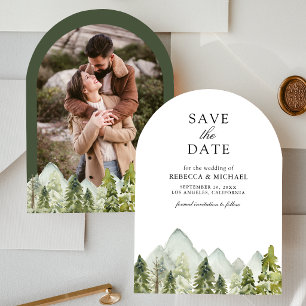 Watercolor Mountain Pine Trees Wedding Photo Save The Date