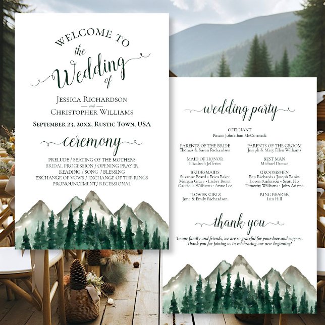 Watercolor Mountain Pines Budget Wedding Program (Front/Back)