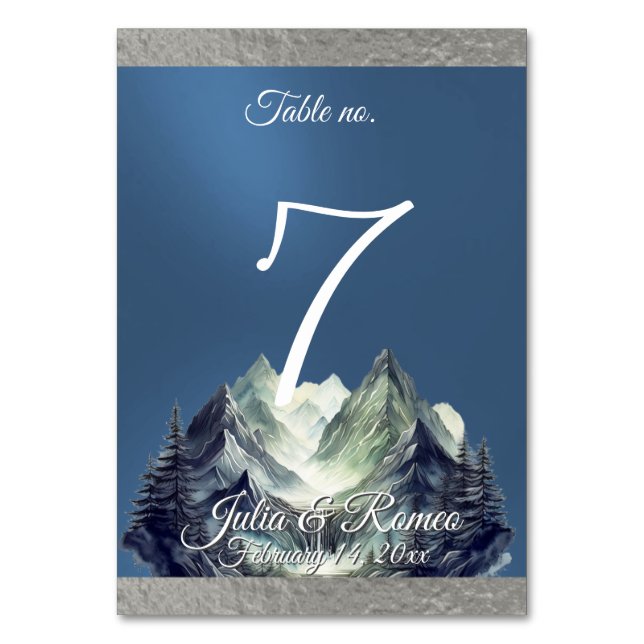 Watercolor Mountain & Ribbon Wedding 2 Blue 2 Table Number (Front)