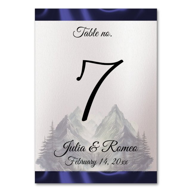 Watercolor Mountain & Ribbon Wedding Table Number (Front)