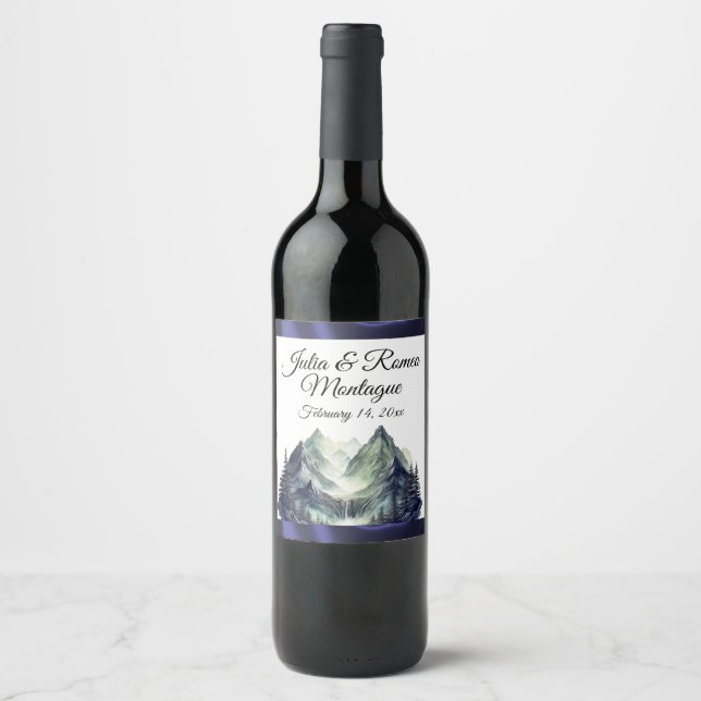 Watercolor Mountain & Ribbon Wedding Wine Label (Front)