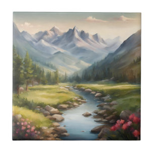 Watercolor Mountain River Landscape Ceramic Tile