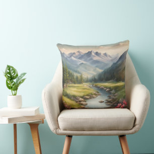 Watercolor Mountain River Landscape Cushion