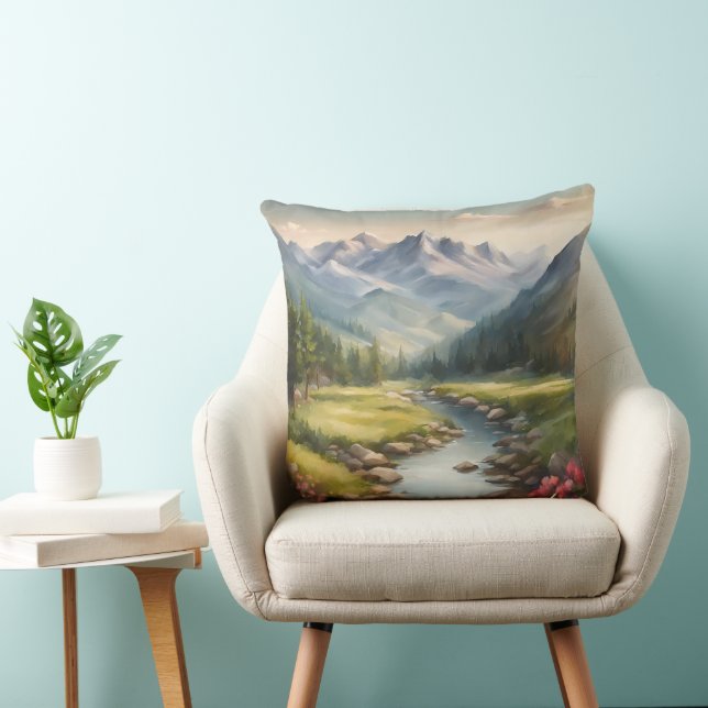 Watercolor Mountain River Landscape  Cushion (Chair)