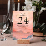 Watercolor Mountain Rustic Coral Sunset  Table Number<br><div class="desc">When it comes to wedding stationery,  woodland styles kick off the theme for a magical evening or an entire wedding weekend in the mountains Set the tone of your rustic wedding with this mountain-inspired design featuring a watercolor mountain scene background with pine trees.</div>