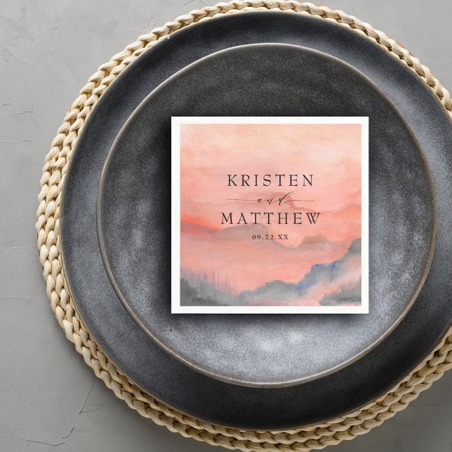 Watercolor Mountain Rustic Sunset Wedding Napkin (Creator Uploaded)