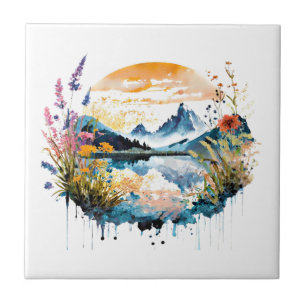 Watercolor mountain scene ceramic tile