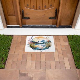 Watercolor mountain scene doormat