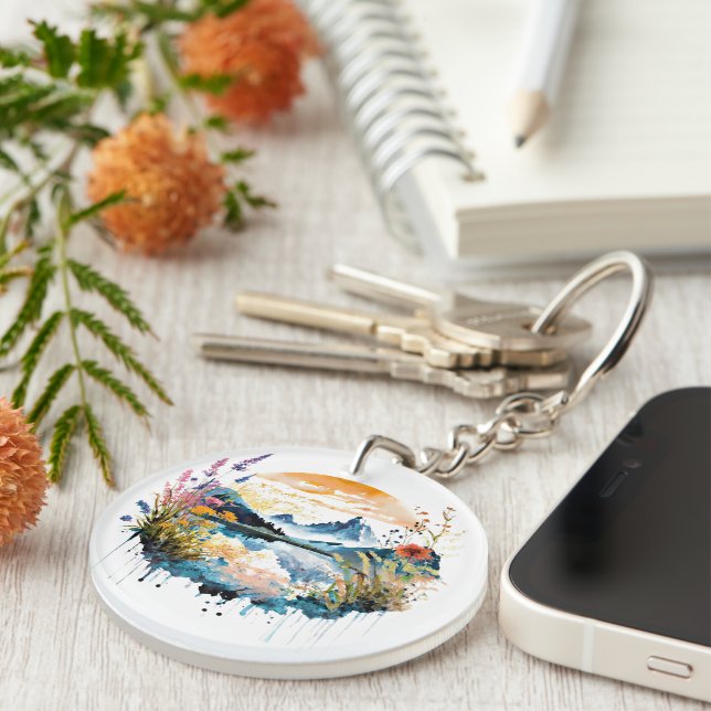 Watercolor mountain scene key ring (Front Right)