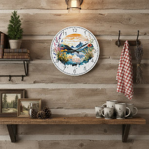 Watercolor mountain scene large clock