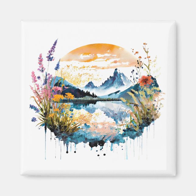 Watercolor mountain scene magnet (Front)
