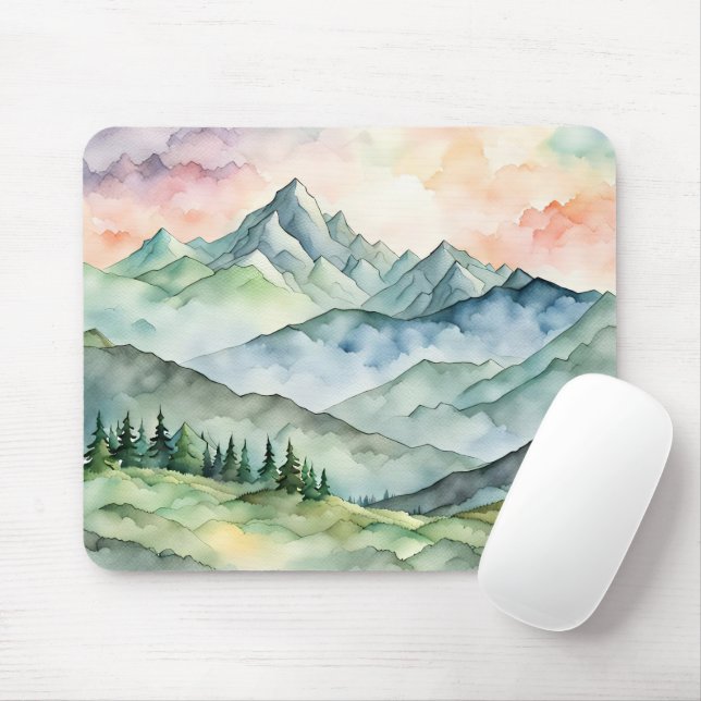 Watercolor Mountain Scene Mouse Pad (With Mouse)