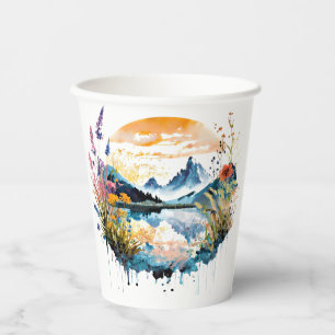 Watercolor mountain scene paper cups
