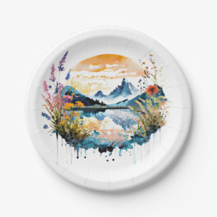 Watercolor mountain scene paper plate