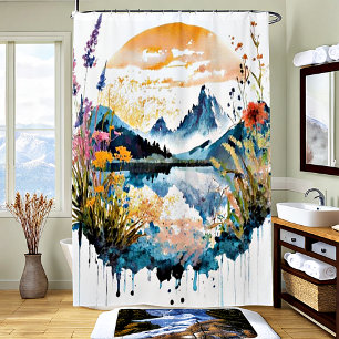 Watercolor mountain scene shower curtain