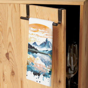 Watercolor mountain scene tea towel