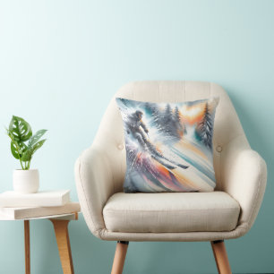 Watercolor Mountain Snow Skier Cushion