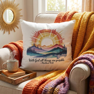Watercolor Mountain Sunrise Bible Verse Cushion