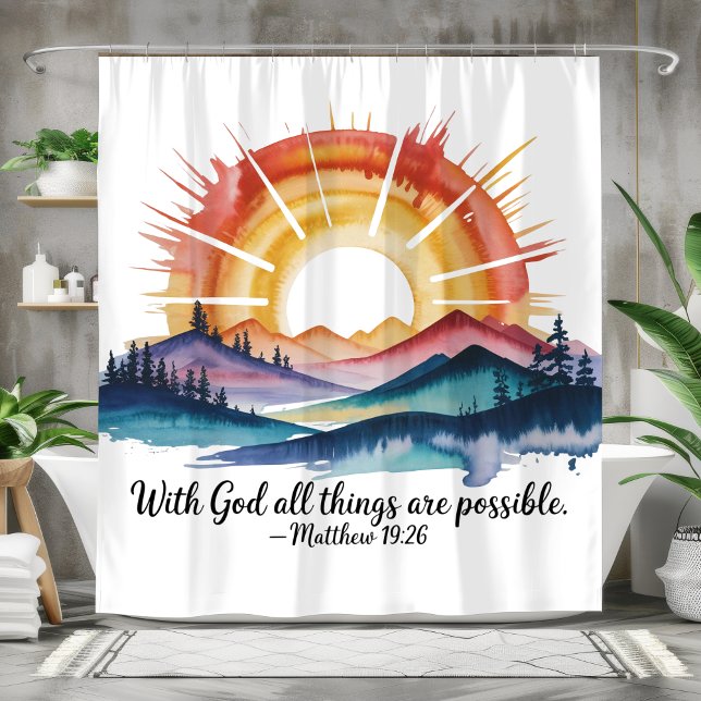 Watercolor Mountain Sunrise Bible Verse Shower Curtain (Creator Uploaded)