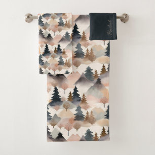 Watercolor Mountain Tree Boho Monogram Bath Towel Set