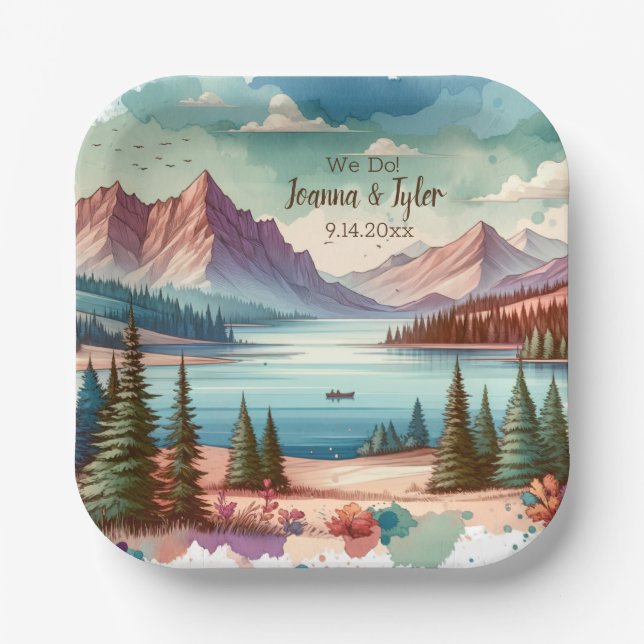 Watercolor Mountain Views Wedding  Paper Plate (Front)