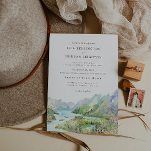 Watercolor Mountain Waterton Lakes Wedding Invitation